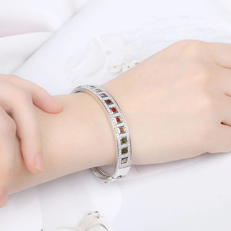 

Silver Color Rainbow Baguette Cubic Zirconia CZ Bar Bracelet Girls Big Colored Geometric S925 Sterling Silver Bangle Bracelet