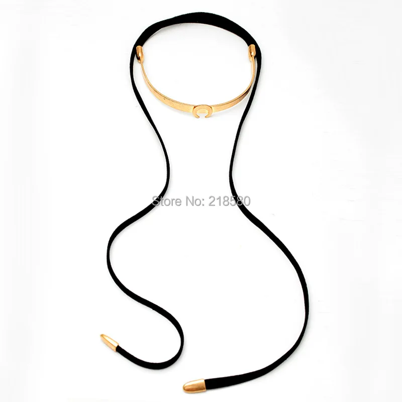 

YC Bohemian Leather Choker Necklace Gold Crescent Necklace YCN09