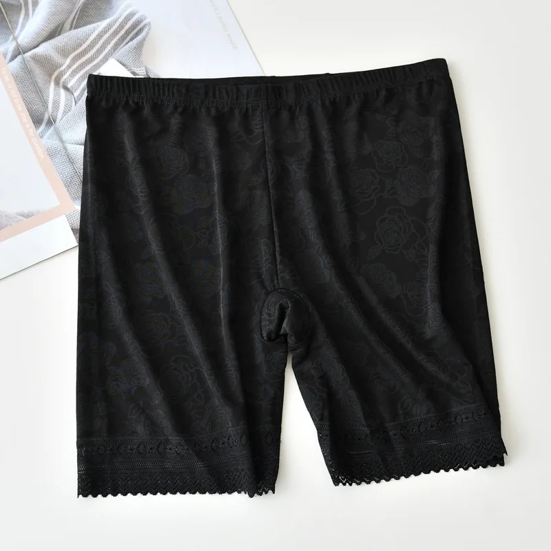 Black Макс. 100 кг, для женщин размера плюс, шелк льда, кружева, защитные штаны, анти натирание, нижнее белье, юбка для мальчиков, шорты для женщин, летние трусики - Color: Black