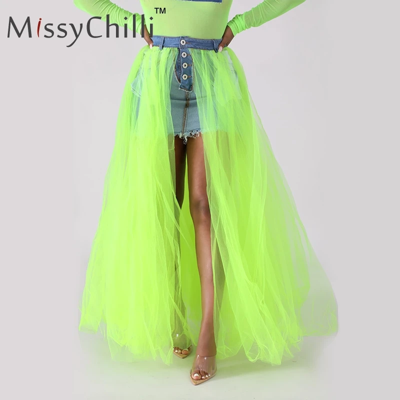 MissyChilli сетчатые Лоскутные юбки джинсовые с разрезом сексуальные летние пуговицы белая юбка с высокой талией женская уличная неоновая джинсовая юбка на пуговицах