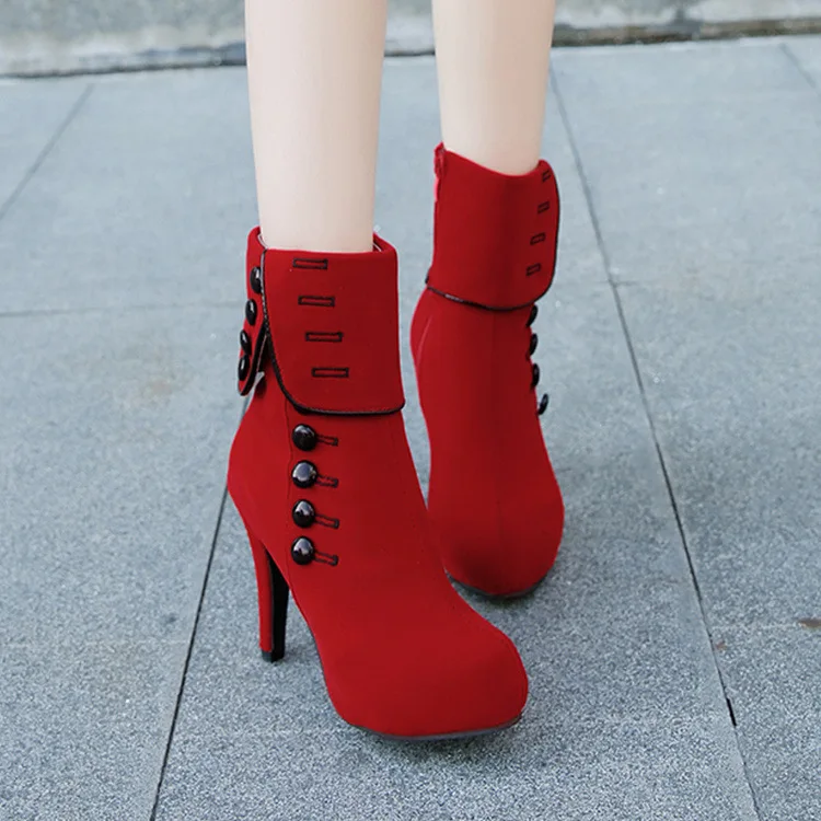 Fashion Women Ankle Boots High Heels Fashion Red Shoes Woman Platform Flock Buckle Boots Ladies Shoes Female PLUE 42