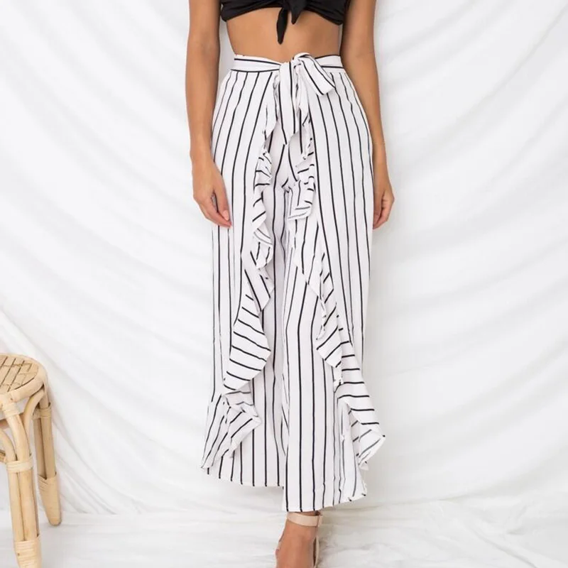 Женские широкие брюки с высокой талией mэлегантны белые полосатые рюшами и