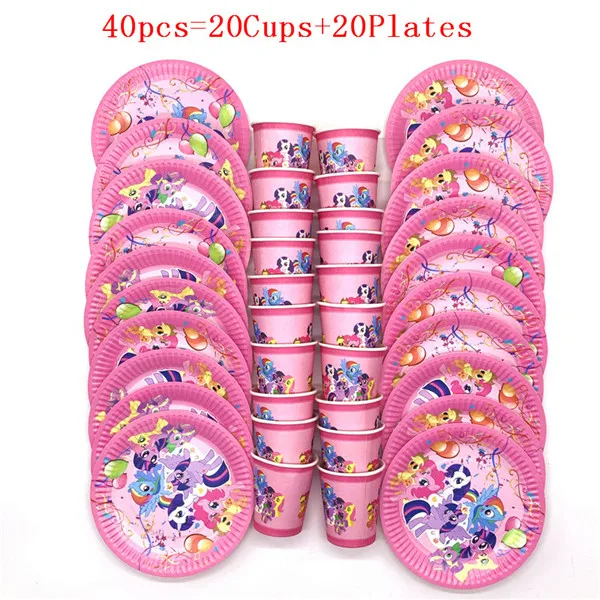 BeiPan 40pcs 20 шт./40 шт., бумажные стаканчики с героями мультфильма «Мой маленький пони» на день рождения для девочек+ тарелка, праздничная посуда для свадьбы и душа для малышей - Цвет: BeiPan 40pcs