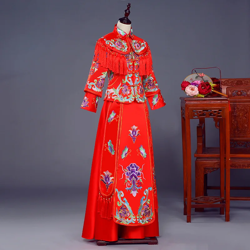 Oriental Bride Red Chinese traditional Wedding Gown Dress Women's Embroider Element Long Cheongsam | Тематическая одежда и