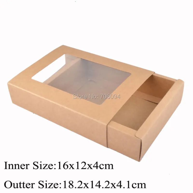 30PCS 16x12x4cm Cosmetic kraft drawer paper box with window Brown kraft handmade gift boxes,Essential oil box,custom box logo