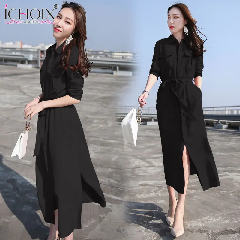 

Women summer Long Dresses Split Long sleeve Button sexy Office Lady Dress Elegant female Work Wear Dress vestidos with belt
