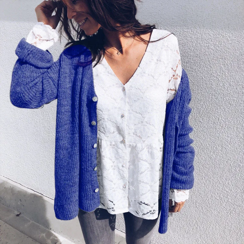 Knitting Sexy Sweater Cardigan Women Loose V- Neck Sweaters Female Cardigans Long Sleeve Knitted Ladies Plus Size |