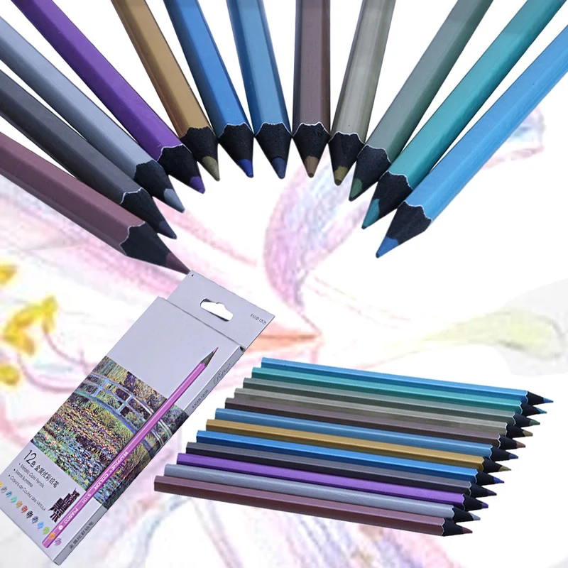 

12 Metallic Colored Pencil Non-toxic For Drawing Sketching Set Stationery