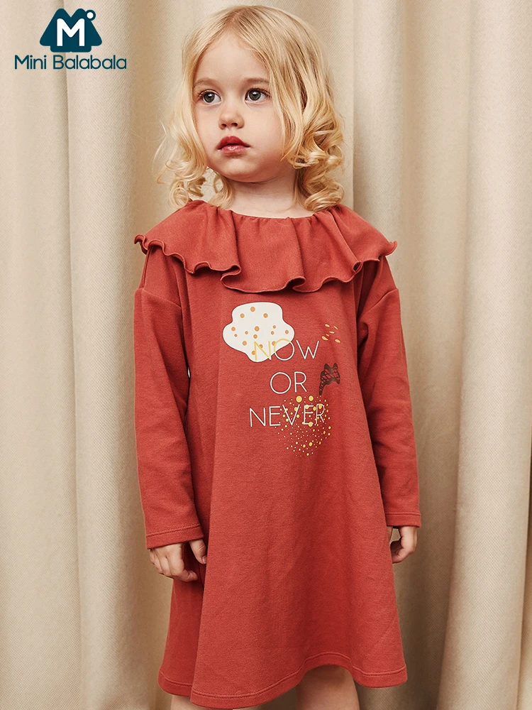 Платье MiniBalabala для девочек в полоску а-силуэта с воланами длинным рукавом |