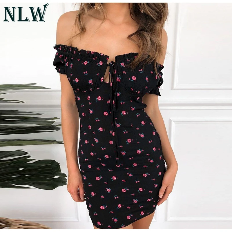 NLW кружево оборками Bodycon Вечерние Платье из набивной ткани мини сексуальное летнее платье с открытыми плечами Повседневное Feminino Платья Vestidos