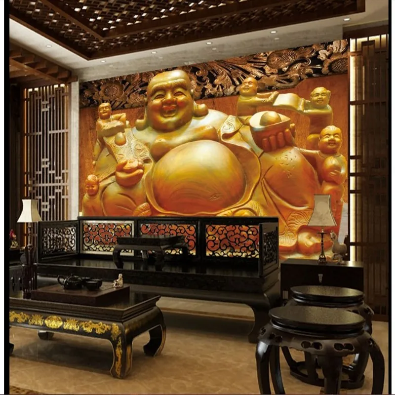 

beibehang custom Maitreya Buddha carvings classical definition stereoscopic TV backdrop living room TV backdrop wallpaper