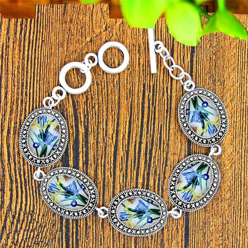

Oval Orchid Flower Jewelry Set Antique Silver Plated Necklace Earrings Bracelet Fashion Jewelry TS418