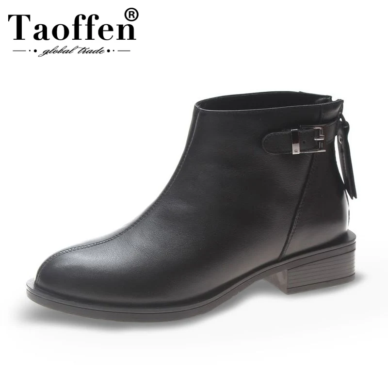 TAOFFEN British Style Real Leather Women Ankle Boots Zipper Round Toe Shoes Winter Autumn Warm Chelsea Size 35-39 | Обувь