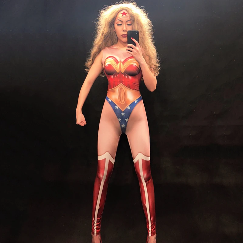 Боди певица DjDs ГОГО этап Комбинезон Сексуальная Superwoman печати кусок брюки сценический костюм карнавальный наряд DN2231
