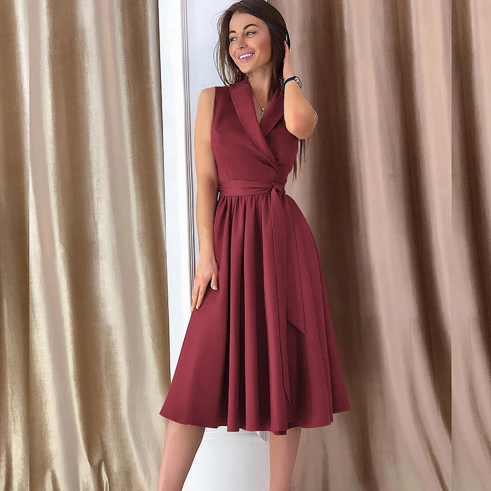 LISM Sexy Turn-down Collar Sleeveless Womens Dress Side Slit Navy Blue Midi Vestidos Wedding Party Belted Vintage Burgundy | Женская