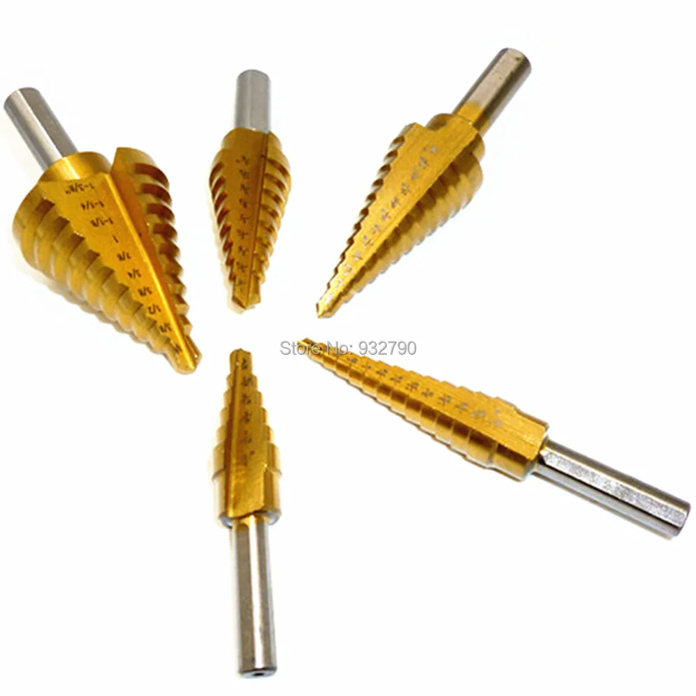 5pcs Step Drill Bit Titanium Metal Stepped Down Variable 1/4&quot-1-3/8&quot 3/16&quot-7/8&quot 1/4&quot-3/4&quot 3/16&quot-1/2&quot