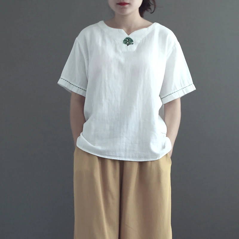 

Green tree embroidery cotton yarn white short sleeve shirt female vintage