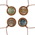 Ожерелье с календарём Mayan, винтажная деревянная Мексиканская подвеска, ацтекский календарь, ювелирные изделия, стеклянный кабошон, деревянная Вощеная веревочная цепочка, ожерелья, подарок