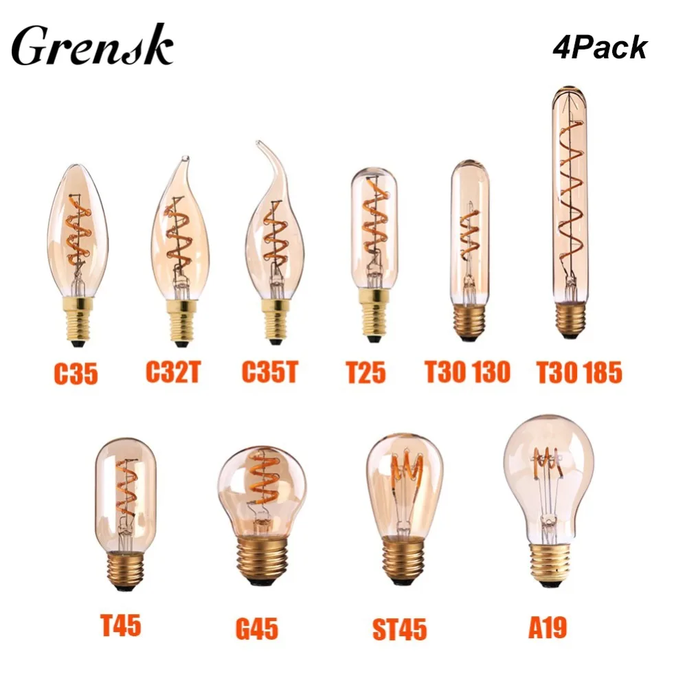 Grensk T25 C35 C32T C35T ST45 T45 G45 A19 T30 E27 диммируемая спиральная Светодиодная лампа
