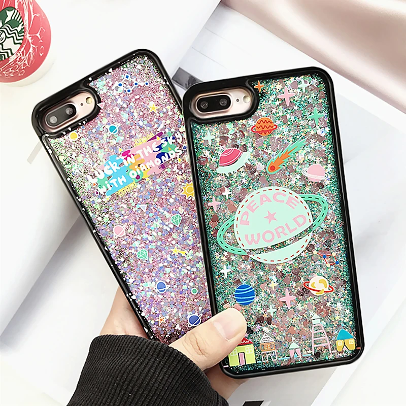 Dinosaur Stars planets soft edge liquid back cover Phone Case for iPhone 7 6 6s plus Dynamic Colorful Quicksand Glitter Flamingo |