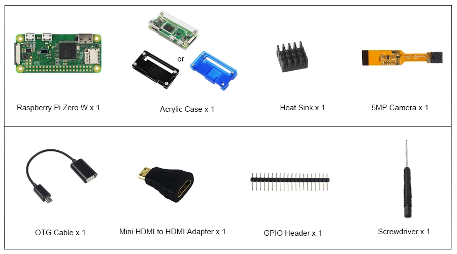 Raspberry Pi Zero W стартовый комплект на выбор 5MP камера+ акриловый чехол+ теплоотвод+ GPIO Header+ Mini HDMI+ sd-карта на 16 Гб