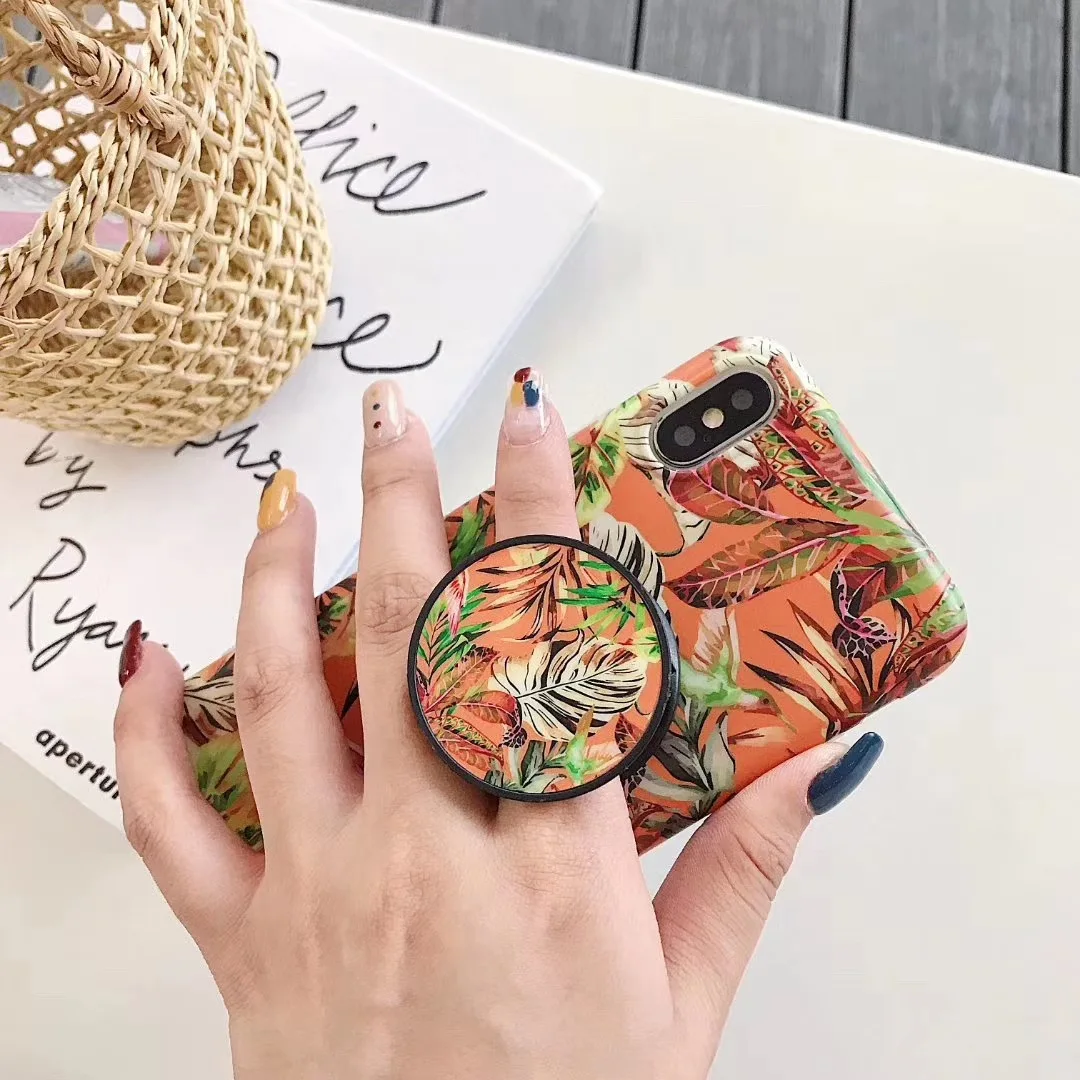 Summer Leaves Finger Ring Holder Case For iPhone XR X XS Max 6 6S 7 8 Plus Colorful Painting Floral Soft Fashion Phone NEW |