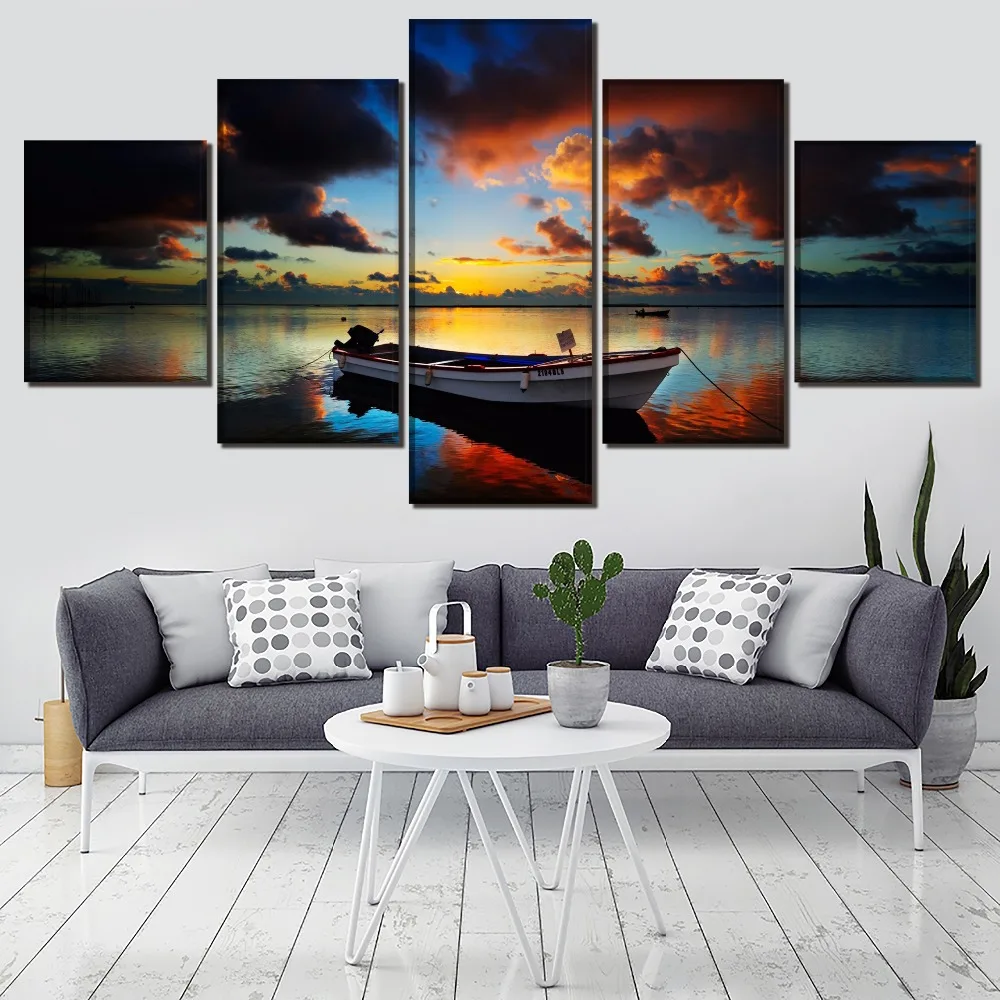 Пейзаж картина 5 панель рыбацкая лодка на закате постер домашний Декор настенный