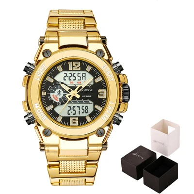 gold with box Stryve 8014 мужские спортивные часы, военные, 12/24 часов, электронные часы, кварцевые, цифровые, из нержавеющей стали, роскошные часы horloges mannen - Цвет: gold with box