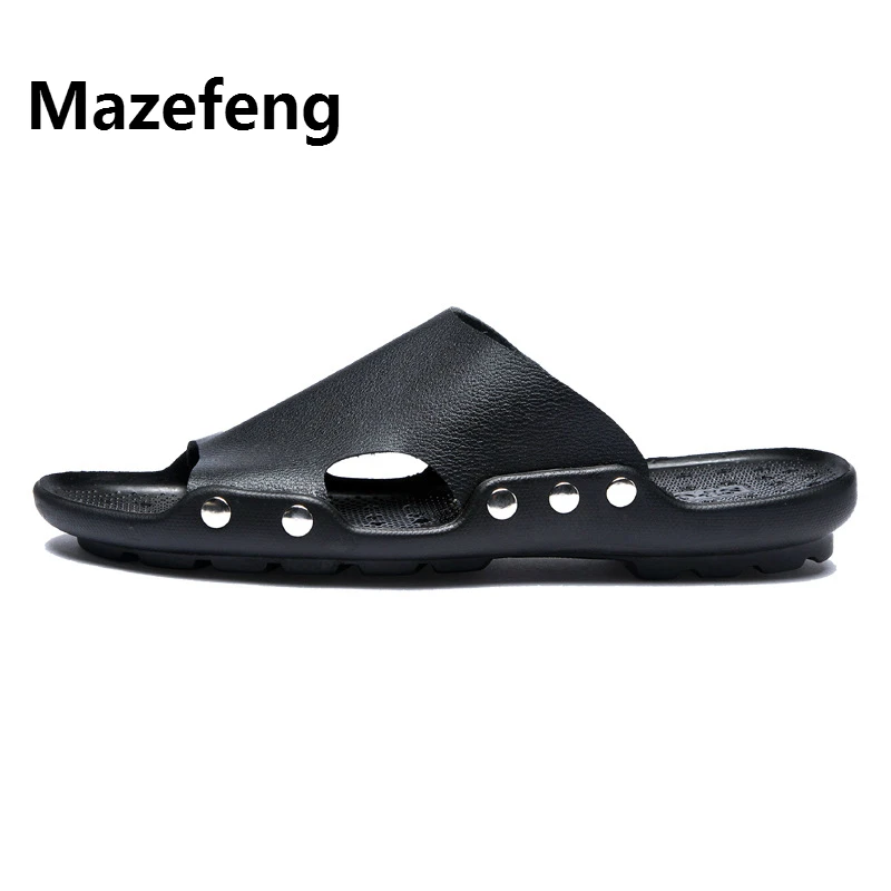 Mazefeng Summer Genuine Leather Slippers High Quality Men Sandals Rivet Beach Mens Slippers Platform Male Sandals Rubber Shoes