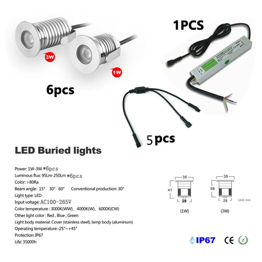 

6pcs/box 1w or 3w mini led buried lights deck light underground light waterproof led light IP67 CE&ROHS factory