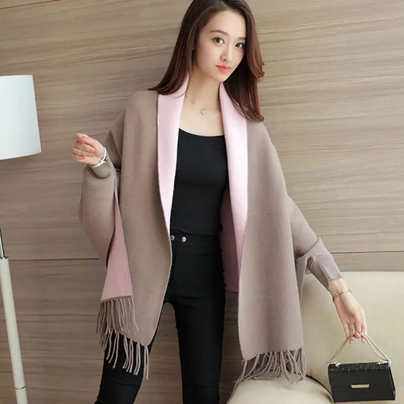 2017 New Autumn Female Poncho Loose Women Open Stitch Cardigan Cashmere Sweater Solid Full Sleeve Tassel Knitted Outerwear A829 |