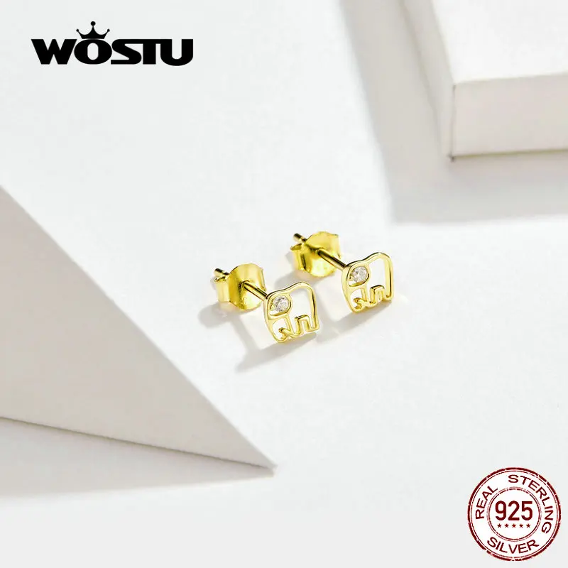 WOSTU, серьги-гвоздики в форме слона, 925 пробы, серебро, циркон, Золотые серьги для женщин, модные ювелирные изделия, подарки CQE661-GD