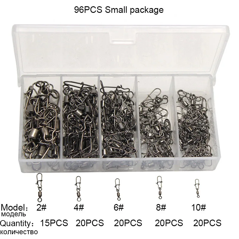 96PCS 2#4#6#8#10# рыболовный соединитель из нержавеющей стали, контактный подшипник, вращающийся на роликах, с защелкой, рыболовный крючок, аксессуары, приманка, снасти FO336 - Цвет: 96PCS