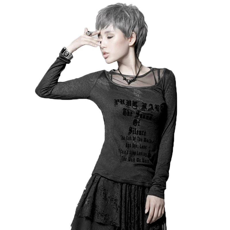 PUNK RAVE Gothic Punk Style Long Sleeve Tees Black Cross Knitted Full Color Printed Women T-Shirt | Женская одежда