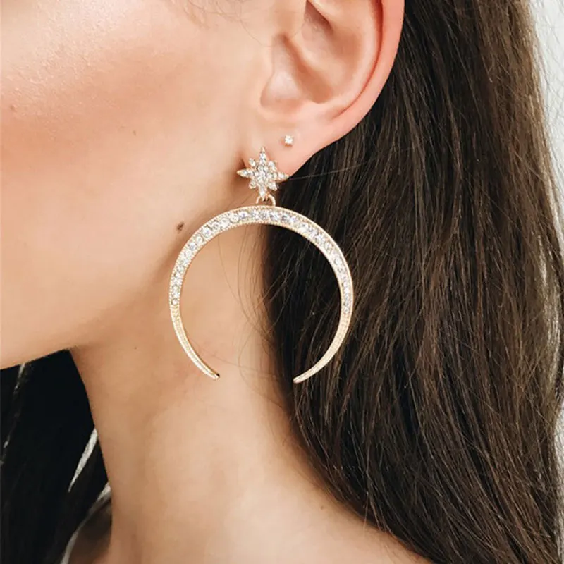 2019 European and American new fashion personality big inlaid with crystal stars moon earrings female models | Украшения и