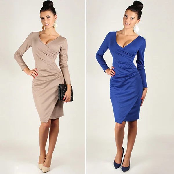 New fashion elegant work dress long sleeve deep v neck knee length bodycon office formal winter dresses | Женская одежда