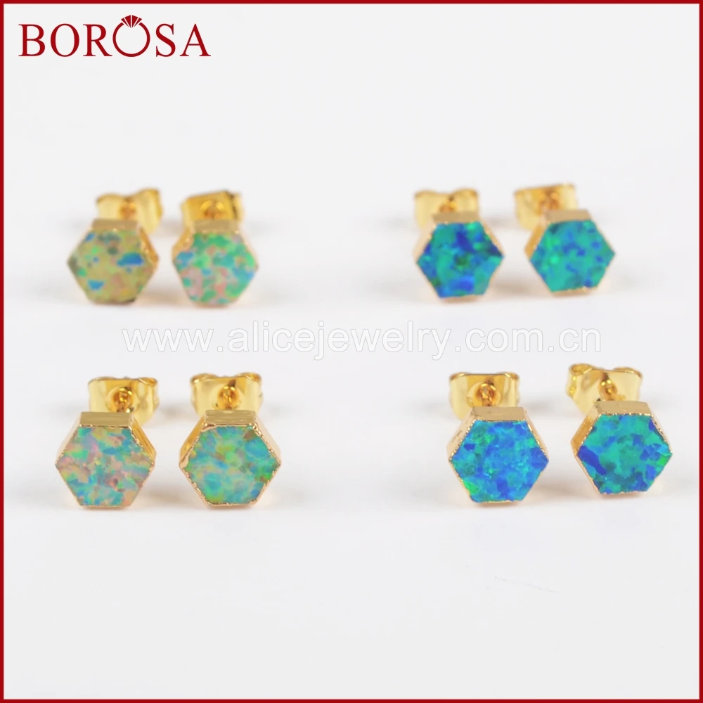 Женские серьги гвоздики BOROSA золотой Шестигранник белый/синий опал японский
