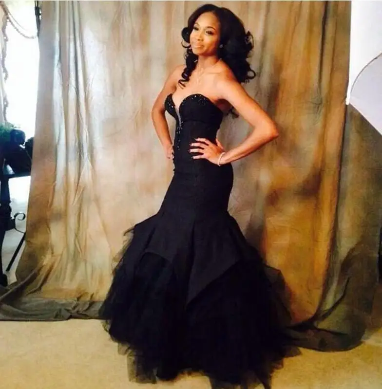 2017 Новые Поступления Кружева Русалка Вечерние Платья V Шеи Бисером Черный