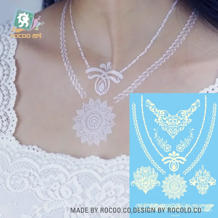 Фото Тату Rocooart в Белом Кружевном стиле, тату хной, женский боди-арт, искусственная Бриллиантовая татуировка, наклейка, украшения для лица, татуаж №1