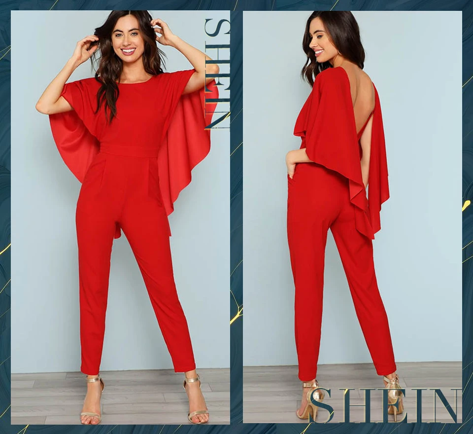 SHEIN красный комбинезон с открытой спиной и открытыми плечами, элегантный эластичный комбинезон с накидкой на рукавах, Женский Осенний комбинезон Highstreet
