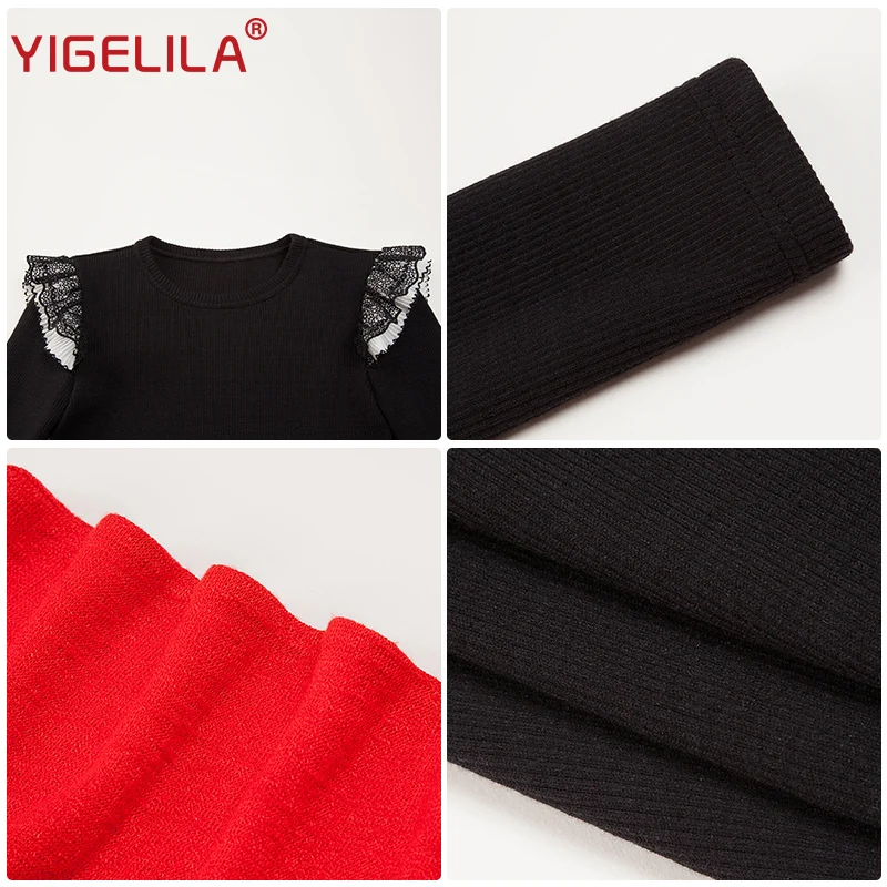 

YIGELILA 2019 Spring Women High Street Fashion O-Neck Empire Slim Regular Sleeve A-Line Patchwork Lace knee-Length Dress 64216