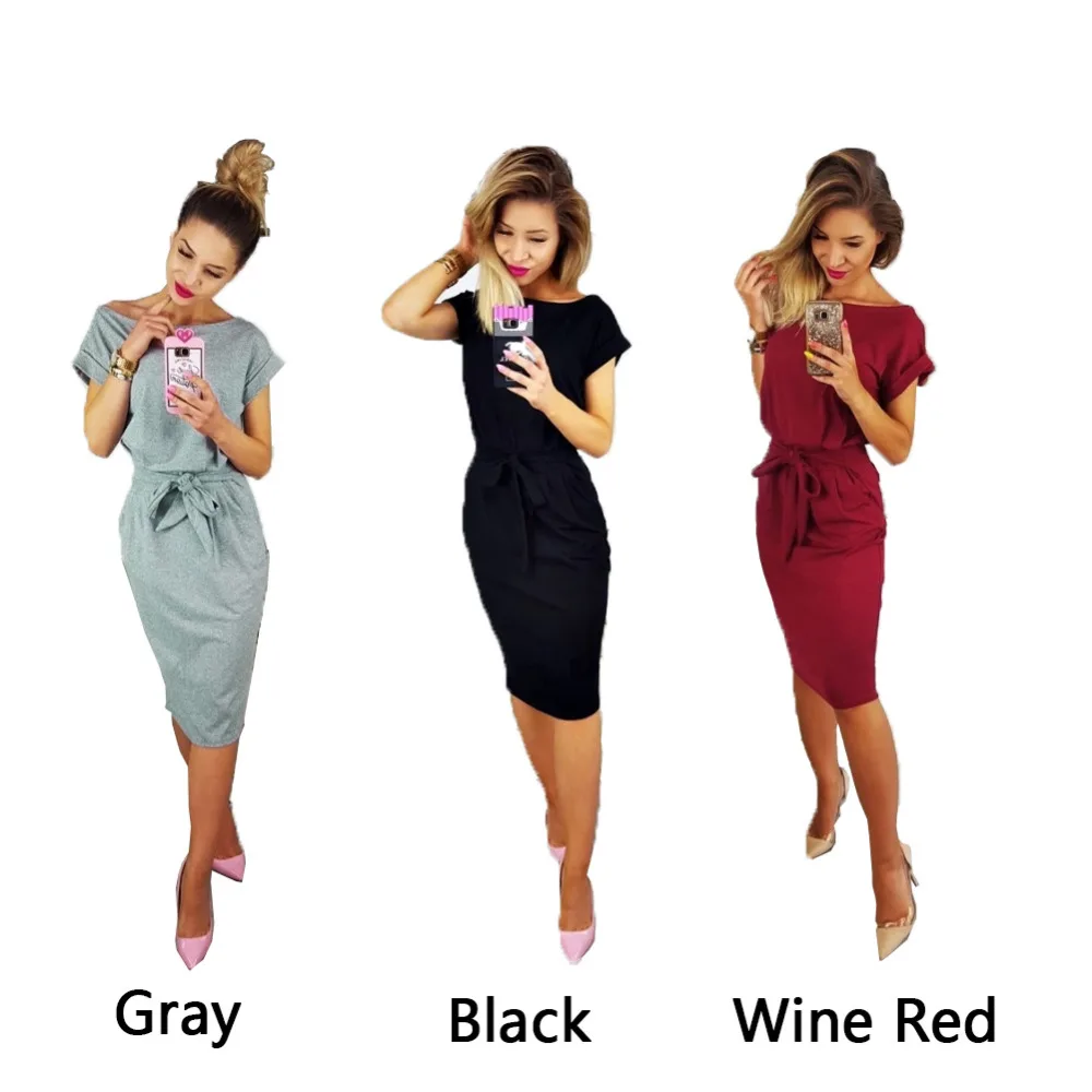 Women Solid Casual Dress Knee-Length Sexy Bandage Bodycon Summer Short Sleeve Cute Dresses Sundress # 272169 | Женская одежда