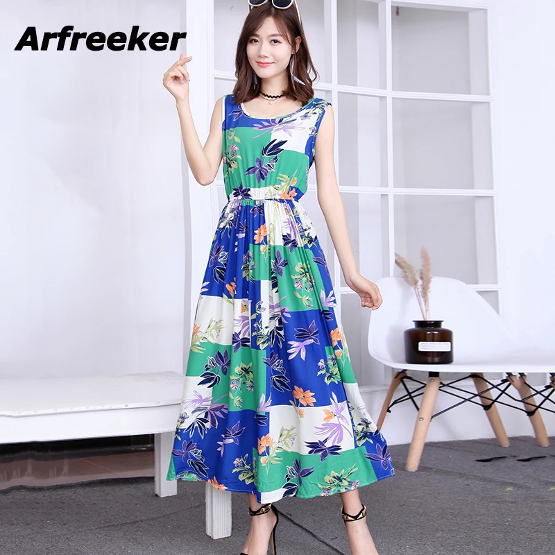 Arfreeker цветочный принт летнее платье длинные пляжные Vestidos женский сарафан
