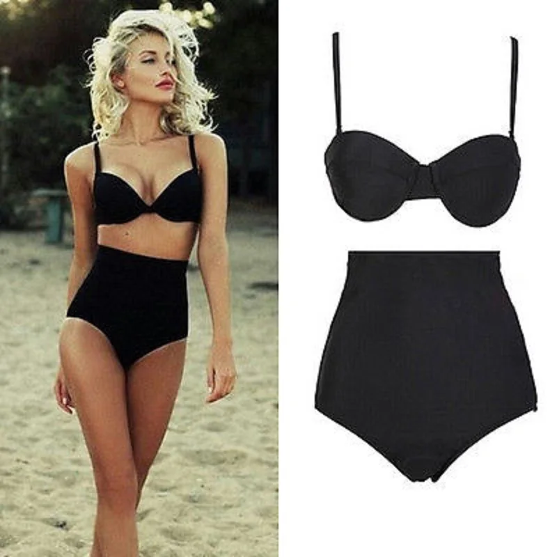 Новинка 2017 однотонный черный мягкий хлопок милый ретро купальник винтажный