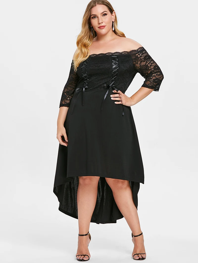PlusMiss размера плюс 5XL черного цвета из кружев кроше с открытыми плечами платье