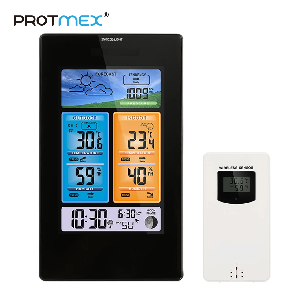 

PROTMEX RCC Alarm Clock In/outdoor Weather Station Temperature Humidity Wireless Colorful Backlight Barometer Weather Forecast