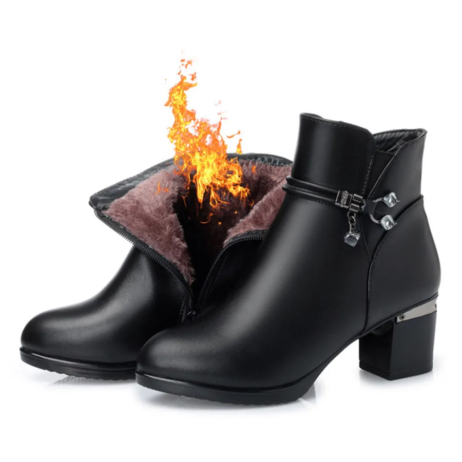 Winter New Thick Heel Black Women'S Leather Boots Hard-Wearing and Non-Slip Plus Velvet Large Size 35-43 Female | Обувь