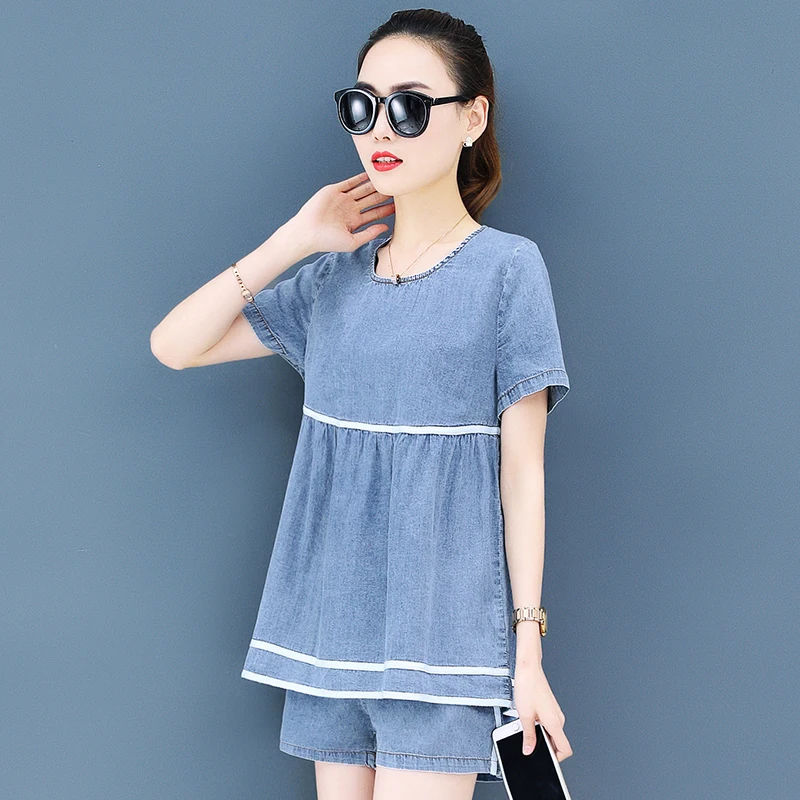 

Top selling product in 2019 Summer Leisure cowboy suit New Two-piece set fashion Lady suit Youth clothing Korea tops and shorts