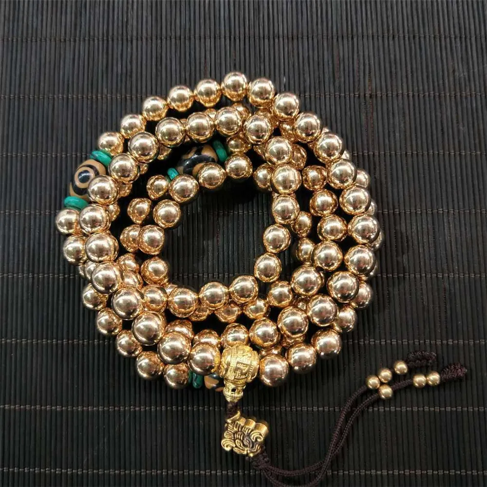 

Vintage 108 Nepal Brass Round Beads Bracelet Pure Copper Beads Necklace Classic Buddhist Prayer Mala for Men Meditation Dropship