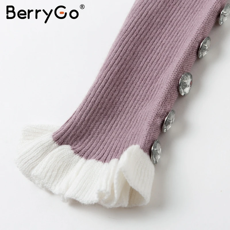 BerryGo Black ruffled women knitted sweater Long sleeve striped button female pullover jumper Turtle neck office ladies sweaters | Женская